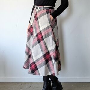 Vintage Panther Plaid Wool Midi Skirt | Red & Grey Academic MCM Size L 32” Waist